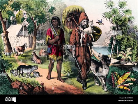 Robinson Crusoe And Man Friday A Hand Coloured Lithograph From 1874