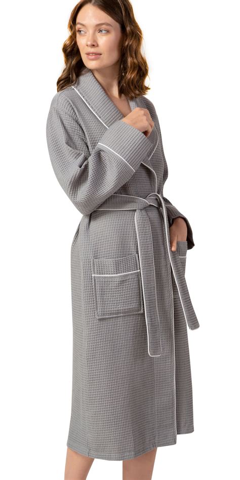 Womens Luxury Waffle Shawl Collar Robe With Piping Lightweight Long Ultra Soft Spa