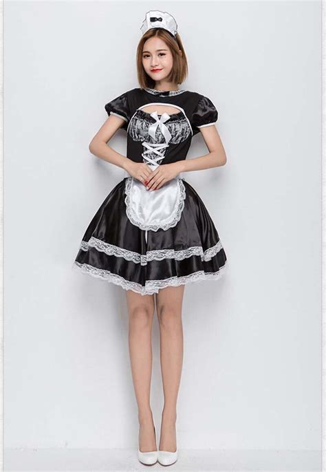 Fancy French Maid Apron Satin Lace Dress With Headdress