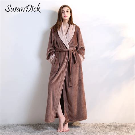 Susandick Autumn And Winter Flannel Bathrobe Women Fur Collar Coral Warm Robe Nightwear Lady