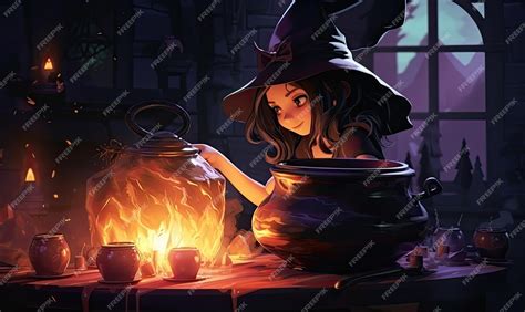 Premium Ai Image A Bubbling Cauldron Stood In The Center Of The Room Where The Witch Carefully