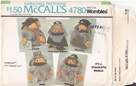 McCall's 4780 Pattern Uncut to make Wombles Dolls with Clothes 1970s