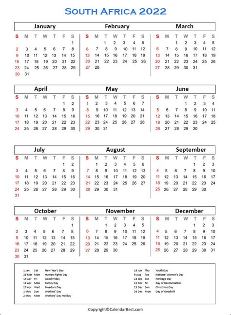 South Africa Holiday 2022 Free Printable Calendar 2023