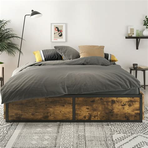 Nextfur Industrial Queen Size Metal Platform Bed Frame With 4 Xl Light Drawers With Casters Non