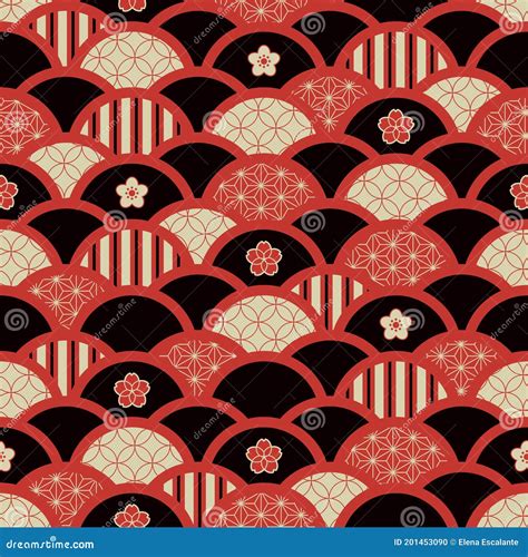 Traditional Japanese Kimono Pattern Of Geometric Waves In Red And Black