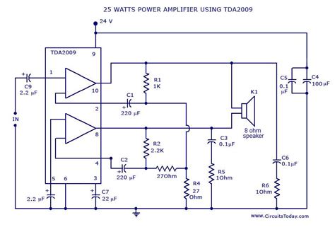 Voltage regulator as audio amplifier schematic circuit diagram. Power Amplifier Circuit Diagram and Schematics for 25 Watts-IC TDA2009