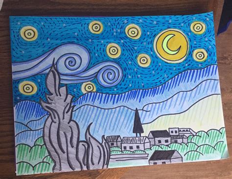 Starry Night With Crayon Brush Markers And Gel Pens Creative