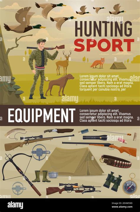 Hunting Sport Equipment And Hunter Ammunition Vector Hunter Man With