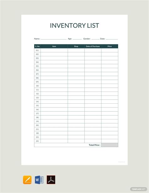 Inventory List Excel Template