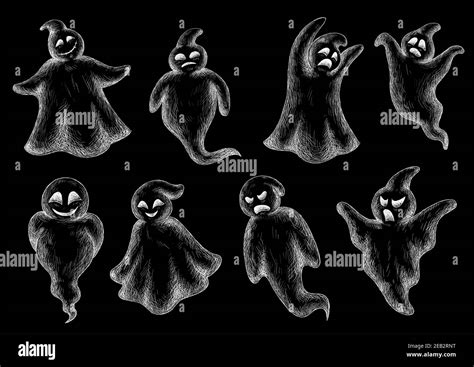 Different Hand Drawn Flying Halloween Ghosts In White Chalk On A