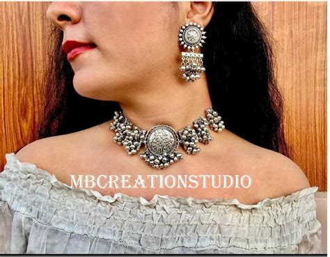 Antique Silver Oxidized Choker Set Oxidized Necklace Indian Etsy