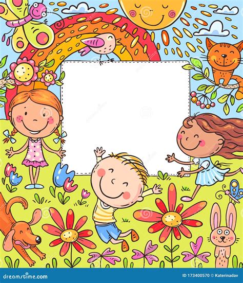 Cartoon Frame With Happy Kids And A Blank Space Stock Vector