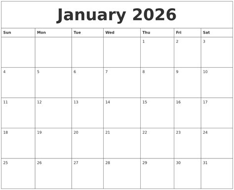 January 2026 Calendar For Printing
