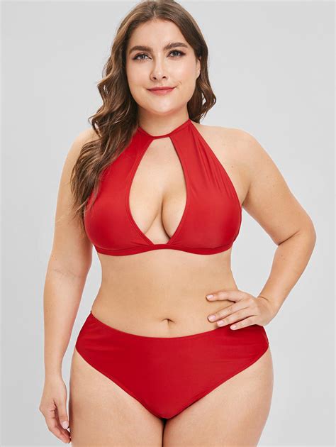 [25 Off] Halter Cutout Plus Size Bikini Set Rosegal