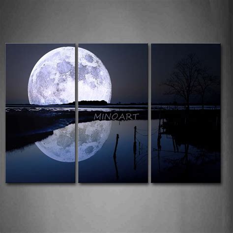 3 Piece Black And White Wall Art Painting Reflection Of Big Moon Over