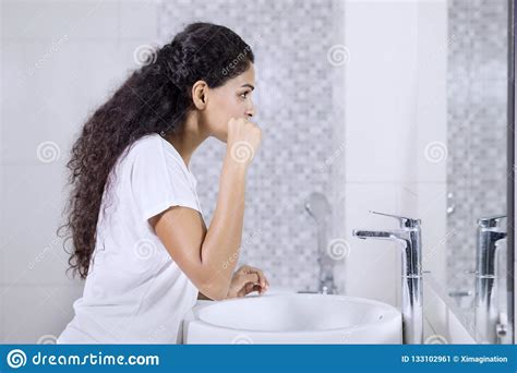 Indian Woman Brushes Teeth In The Bathroom Stock Image Image Of