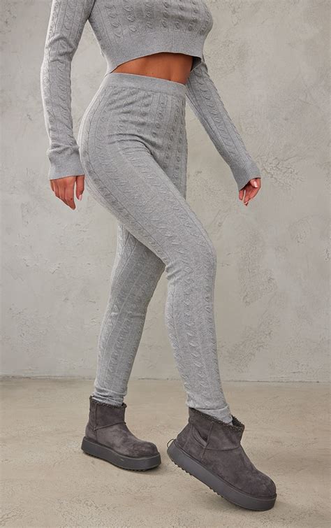 Grey Cable Knit Leggings Knitwear Prettylittlething Aus
