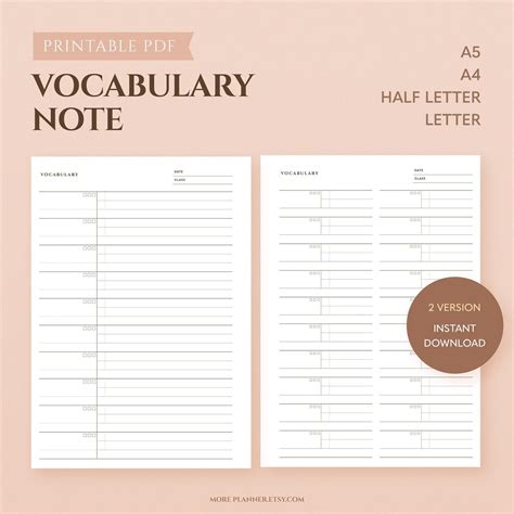Minimal Vocabulary Note Printable Planner Inserts Vocabulary Etsy