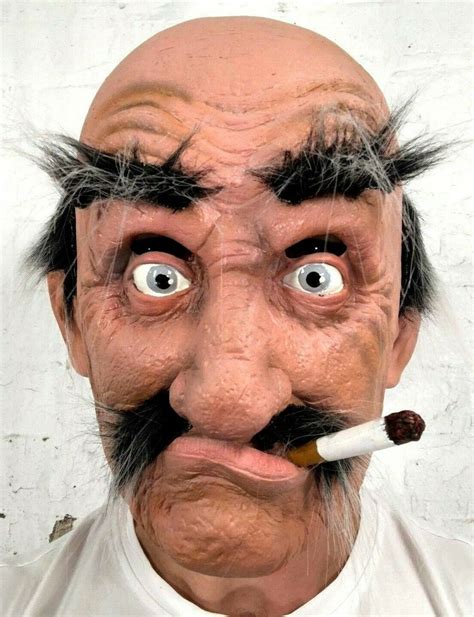 Old Man Mask Latex Funny Bald Head Grey Hair Fake Cigarette Costume