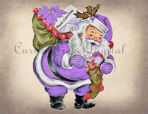 Purple Santa Claus Christmas Vintage Clipart For Cards Crafts Etsy