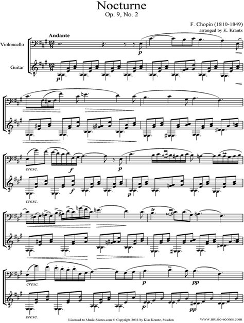 Chopin Op09 No02 Nocturne Cello Guitar Classical Sheet Music