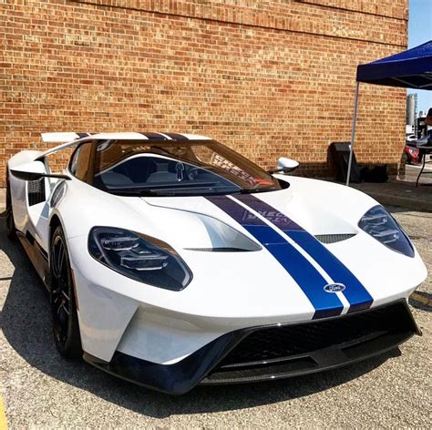 Ford Gt Painted In White W Blue Racing Stripes Photo Taken By