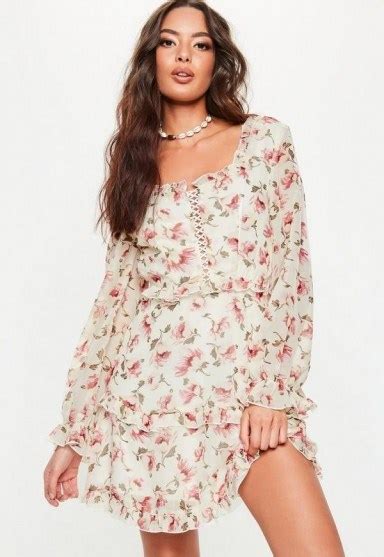 Missguided Cream Milkmaid Lace Up Floral Tea Dress ~ Pretty Pink Flowers