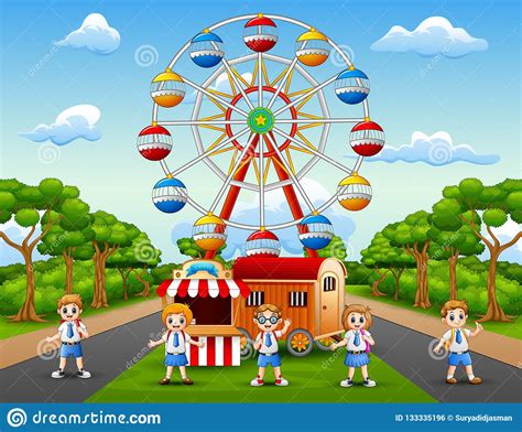 Cartoon Of School Children Having Fun At Amusement Park Stock Vector