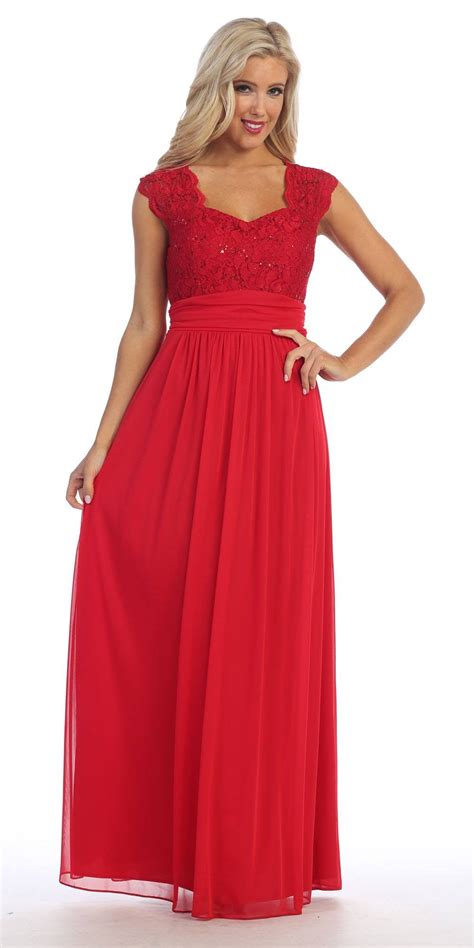 Red Lace Bodice A Line Long Semi Formal Dress Queen Anne Neckline