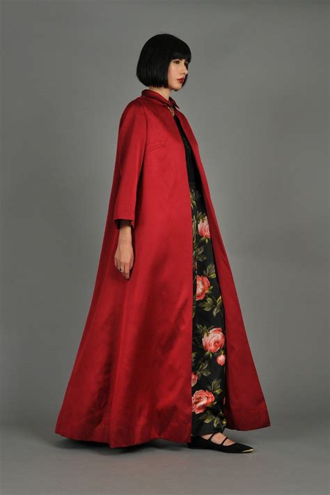 S Crimson Silk Full Length Opera Coat Bustown Modern Opera Coat Coat Vintage Fashion