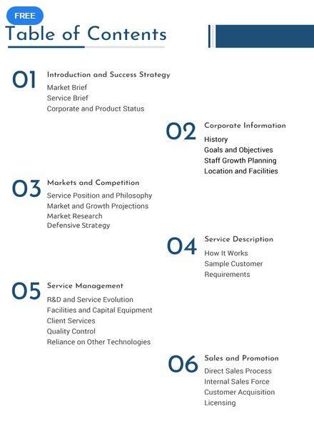 The balance sheet, the income statement after completing all the sections, don't forget to insert a title page at the beginning of the plan followed by a table of contents listing each section. Free Business Plan Table of Contents Template | Doctors ...