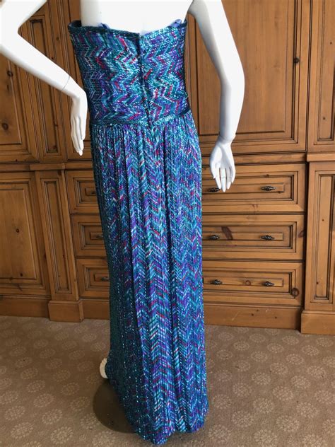 Bob Mackie Vintage 70s Strapless Bugle Beaded Embellished Silk Evening Dress For Sale At