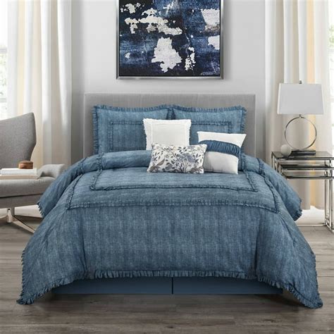 Lanco Willow 7 Piece Comforter Bedding Set Blue Queen