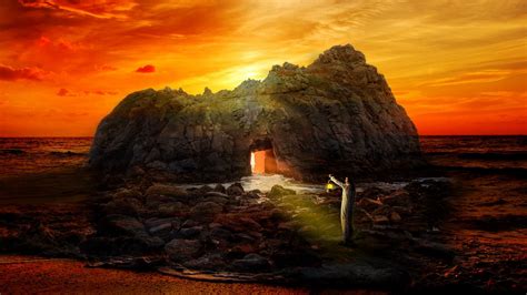 Download Wallpaper 1920x1080 Rock Cave Man Lonely Sea