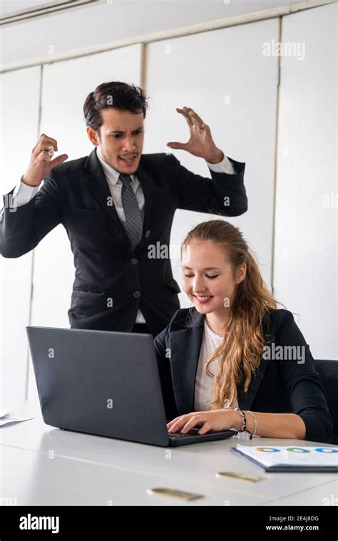 Businessman Boss Feels Angry And Mad At Bad Misbehaving Businesswoman