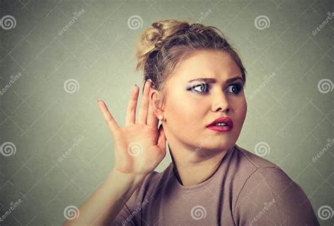 Nosy Woman Hand To Ear Gesture Carefully Secretly Listen In On Gossip