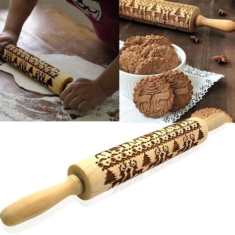 4335cm Christmas Rolling Pin Engraved Carved Wood Embossed Rolling Pin