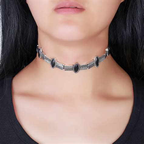 Vintage Silver Choker Necklace Jewelry For Women Carved Pattern Black