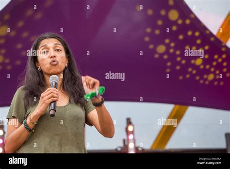 southwold uk 20th july 2019 comedian sindhu vee performs lives on stage at the henham park