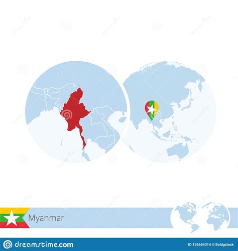Myanmar On World Globe With Flag And Regional Map Of Myanmar Stock