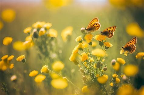 Premium Photo Two Butterflies On A Field Of Yellow Flowers