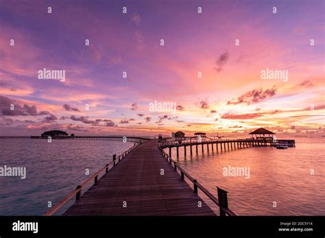 Nature Sunset On Maldives Island Luxury Water Villas Resort And Wooden