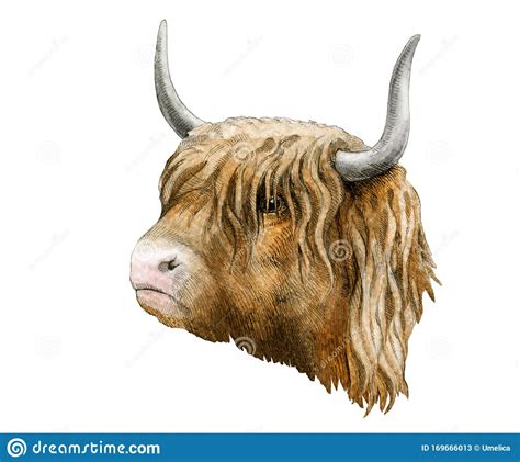 Highland Cattle Cow Watercolor Image Hand Drawn Scottish Farm Breed