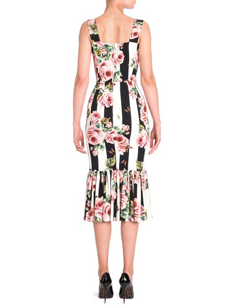 Dolce And Gabbana Silk Rose Print Striped Dress Lyst