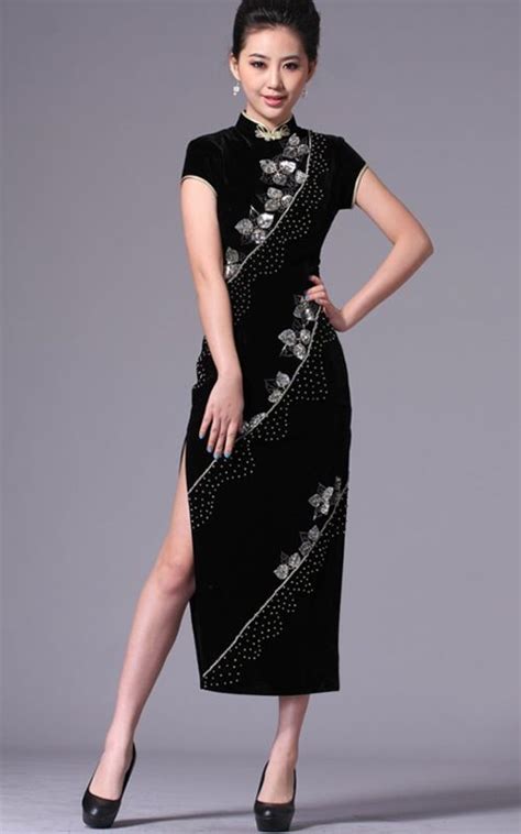 hand beaded floral silk velvet cheongsam long black mandarin collar dress chinese long dress