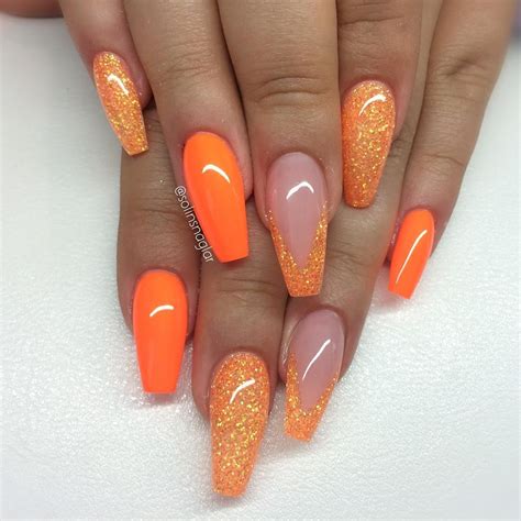 Neon Orange Med Matchande Glitter👌 Coffin Nails Designs Orange