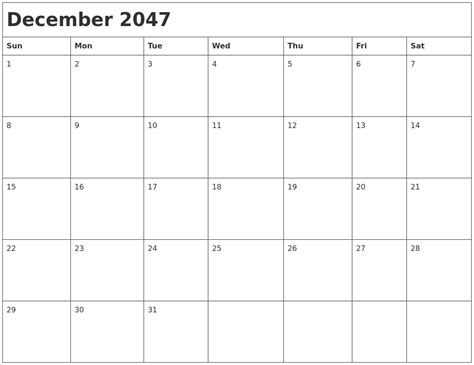December 2047 Month Calendar