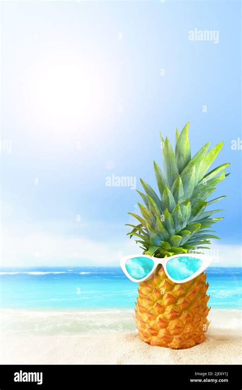 Pineapple With Sunglasses On Tropical Beach Background Summer Concept