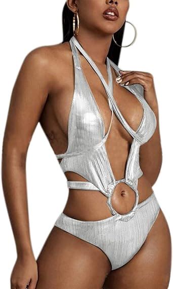 Damen Sexy Einteiler Badeanzug Tiefer V Ausschnitt Bademode Cutout