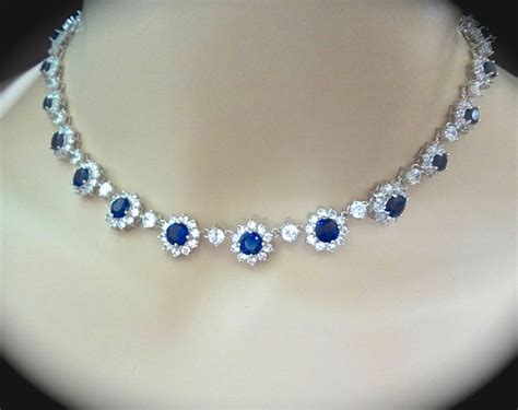 Bridal Jewelry Blue Sapphire Necklace Cubic By Queenmejewelryllc